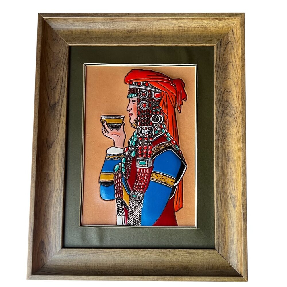 Handcrafted 3D Leather Wall Art Of Woman In Traditional Attire Walnut Frame